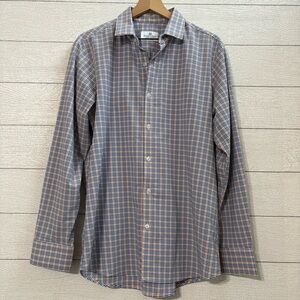 Mizzen+Main Trim Fit Dress Shirt Large Blue Orange Plaid Performance Stretch